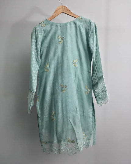 Hand embellished khaddi cotton net shirt with cutwork border