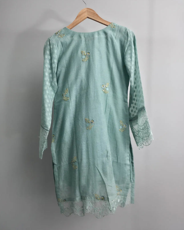 Hand embellished khaddi cotton net shirt with cutwork border
