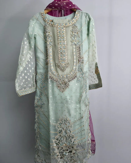 Aqua embroidered 3 piece ready to wear suit