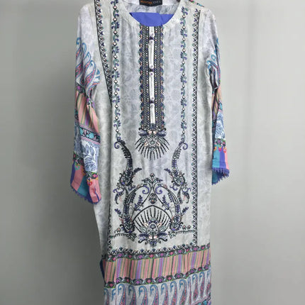 Blue lawn 3 piece suit with embroidered shirt front