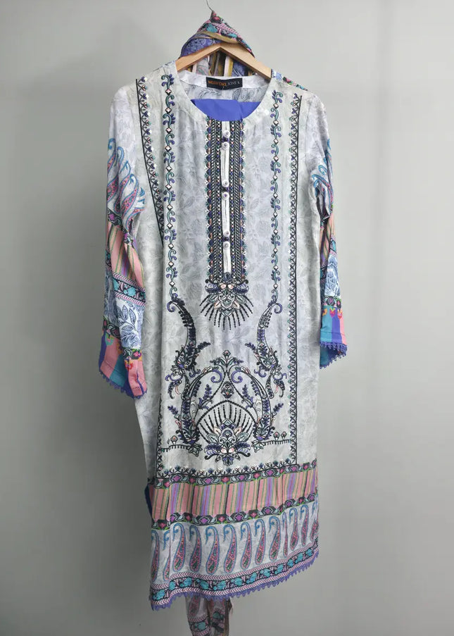 Blue lawn 3 piece suit with embroidered shirt front