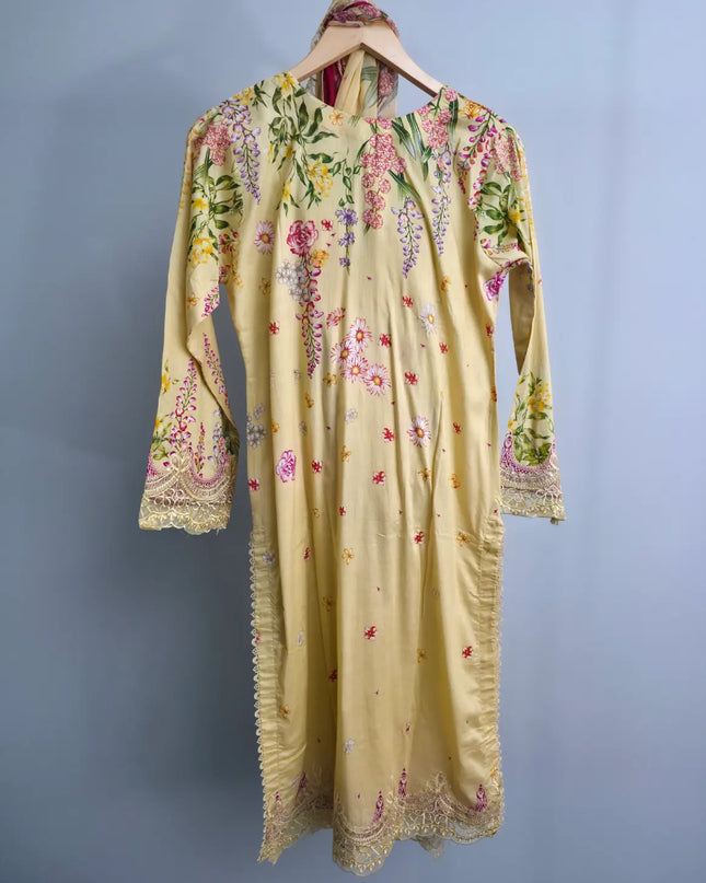 Floral yellow 3-piece lawn suit with chiffon dupatta