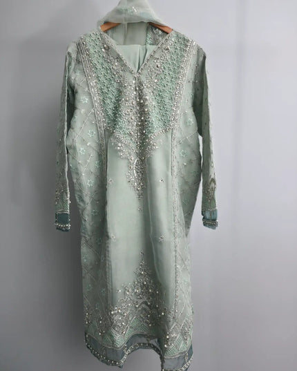 Mint green embroidered organza kurta set
