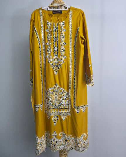 Mustard slub cotton 3 piece suit with printed dupatta