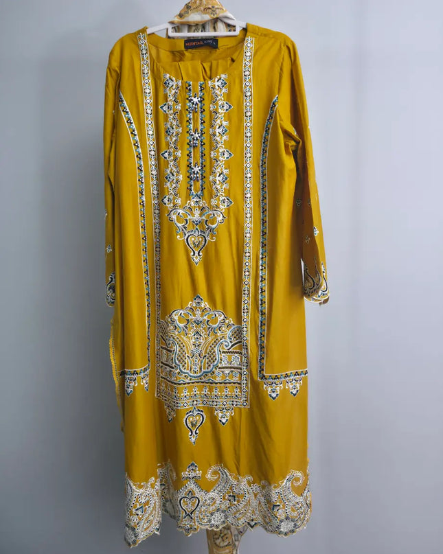 Mustard slub cotton 3 piece suit with printed dupatta