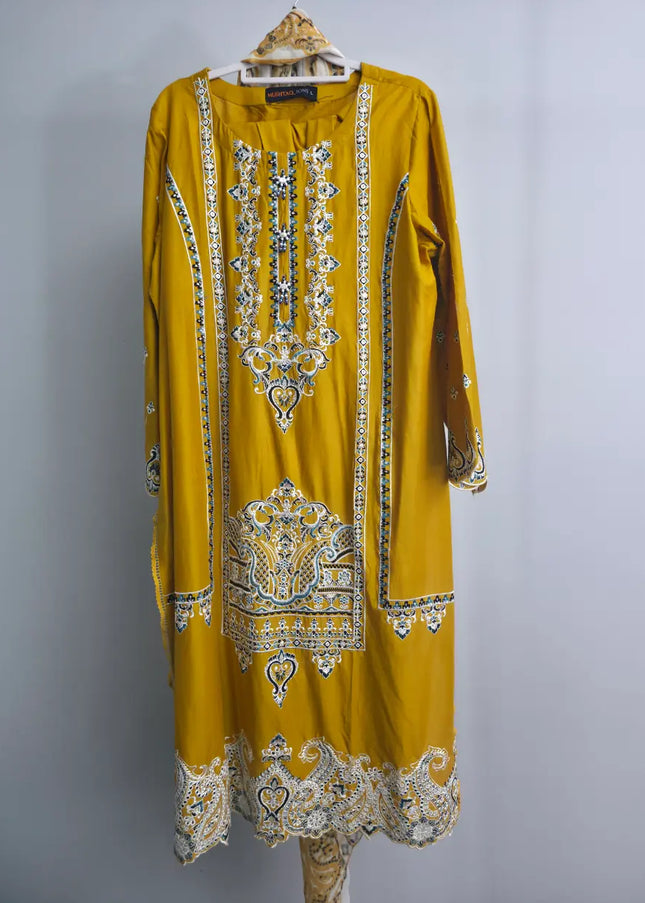 Mustard slub cotton 3 piece suit with printed dupatta