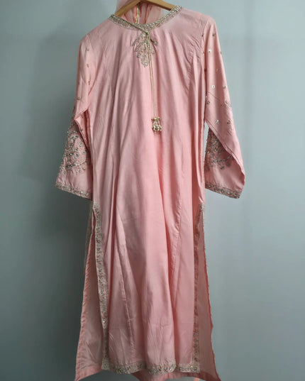Peach embroidered rawsilk 3 piece kurta set