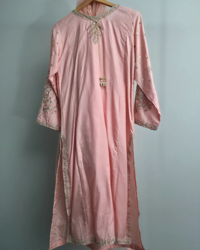 Peach embroidered rawsilk 3 piece kurta set