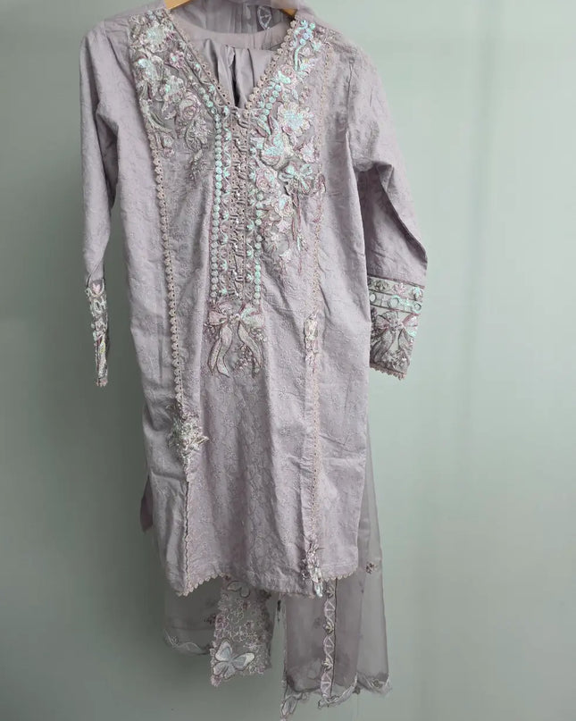 Schiffli embroidered summer cotton 3 piece suit